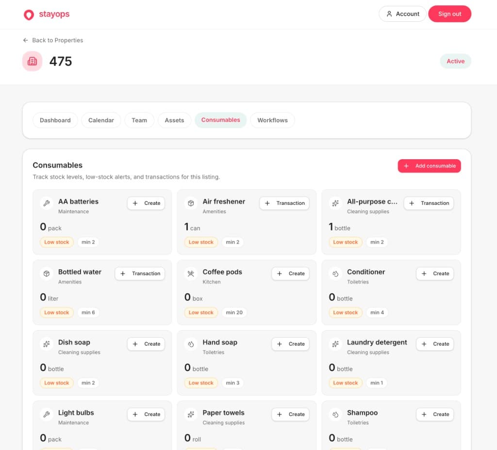 Per-property consumables grid with low-stock badges