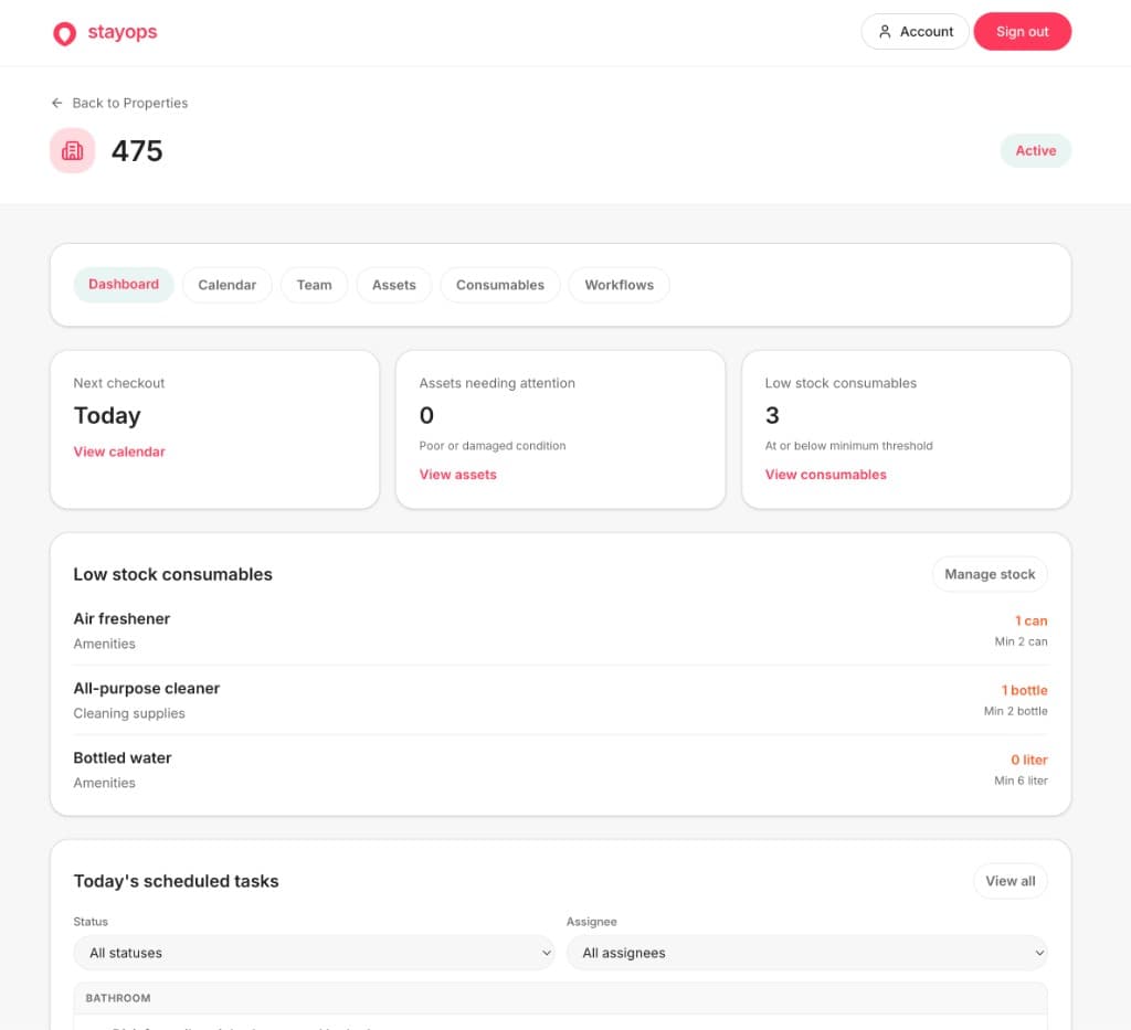 Property dashboard with checkout, assets, and low-stock consumables