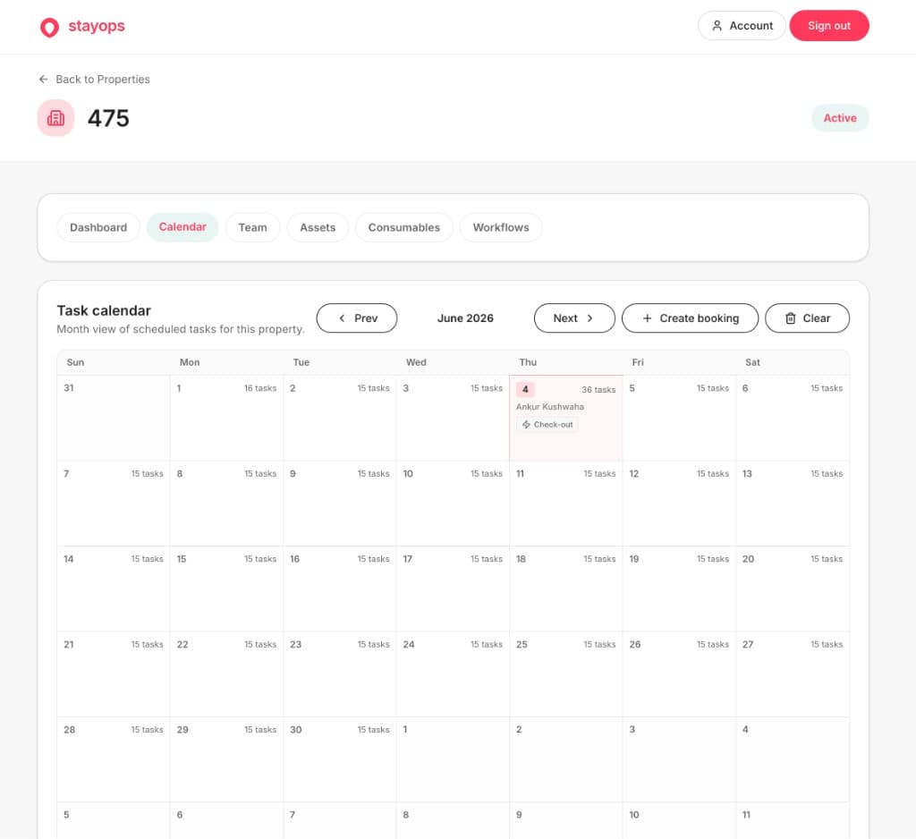Monthly task calendar with scheduled turnover tasks