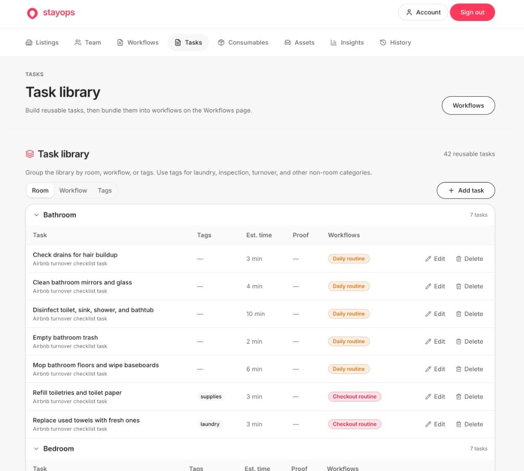 Task library grouped by room with time estimates and workflow tags