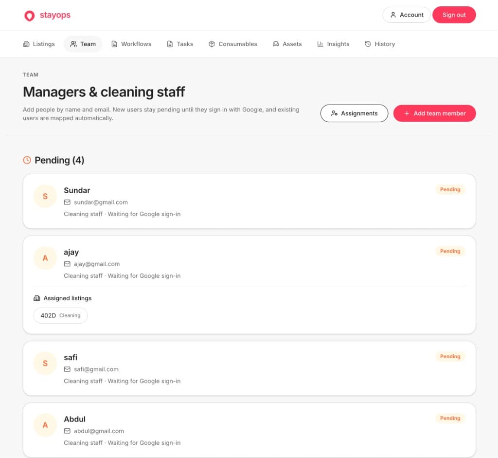 Team page listing managers and cleaning staff with pending invites